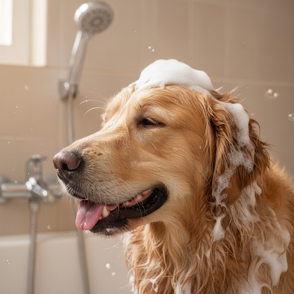 Un golden retriever heureux avec de la mousse de savon sur la tête dans une baignoire.